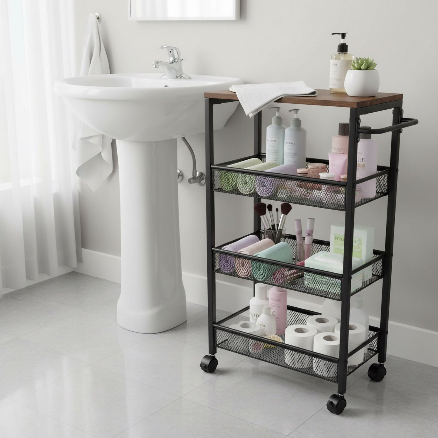 4-Tier Slim Kitchen Trolley – Metal & MDF, Mobile Storage