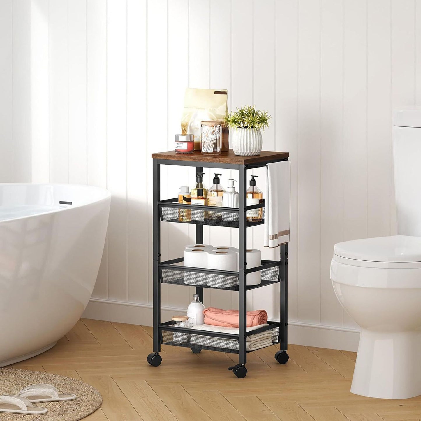 4-Tier Slim Kitchen Trolley – Metal & MDF, Mobile Storage