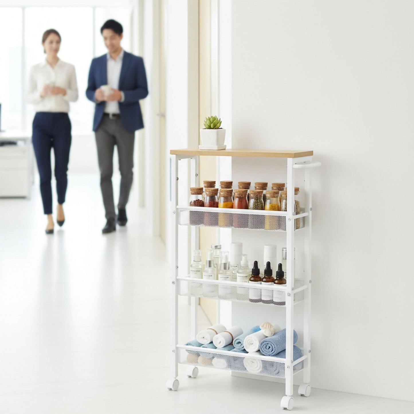 4-Tier Slim Kitchen Trolley – Metal & Wood Finish