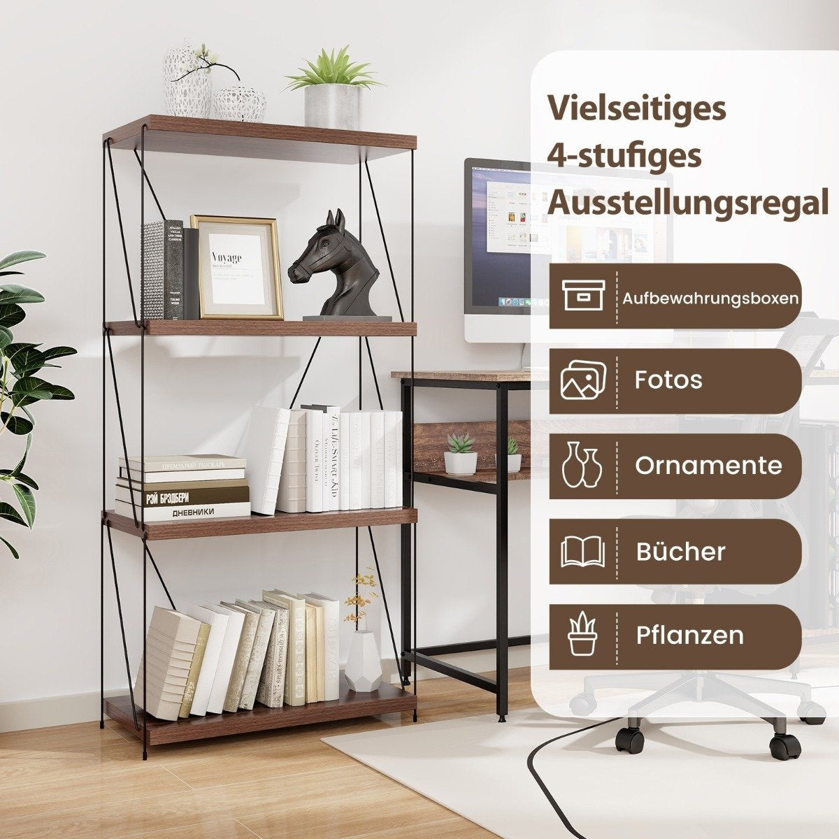 4 Tier Standing Shelf with Metal Frame Industrial Bookshelf Storage Rack 60 x 29.5 x 105 cm