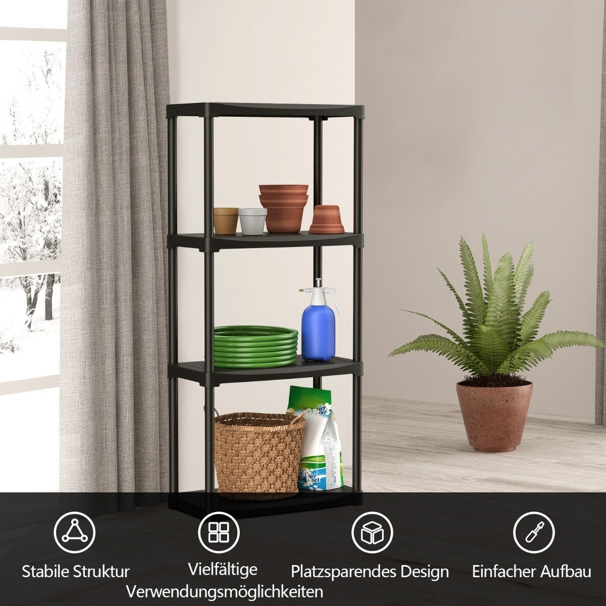 4 Tier Storage Rack Freestanding Shelving Versatile Garage Shelves Black