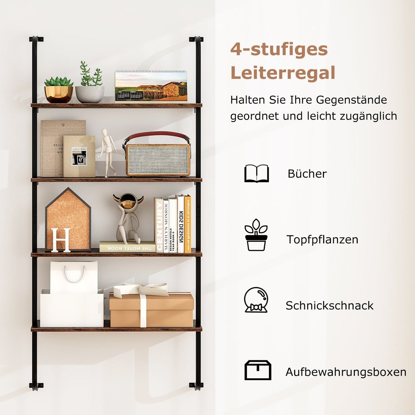 4-Tier Wall-Mounted Ladder Shelf, Wood & Metal, 70x20.5x150 cm