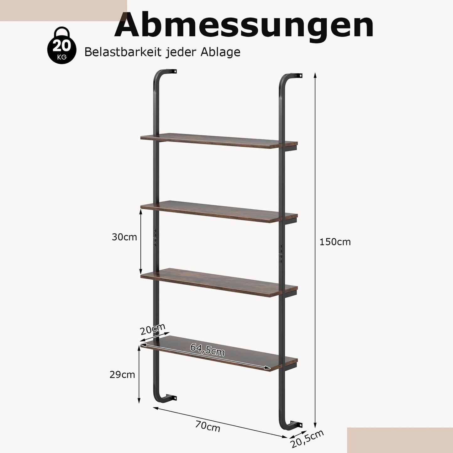 4-Tier Wall-Mounted Ladder Shelf, Wood & Metal, 70x20.5x150 cm