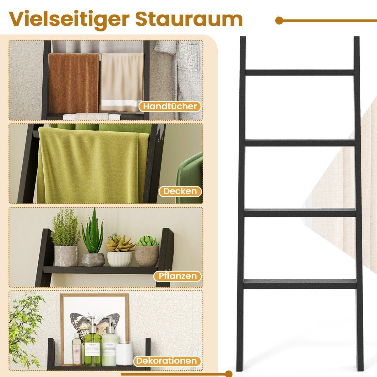 4-Tier Wooden Towel Ladder with Ceiling Mount, Black