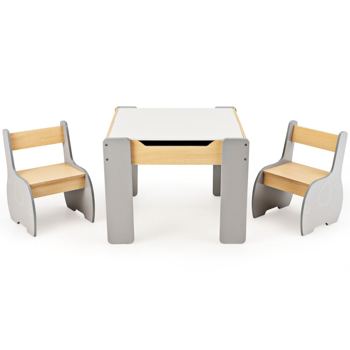 4 in 1 3 pcs. Children's seating group made of wood with removable board and storage space in grey