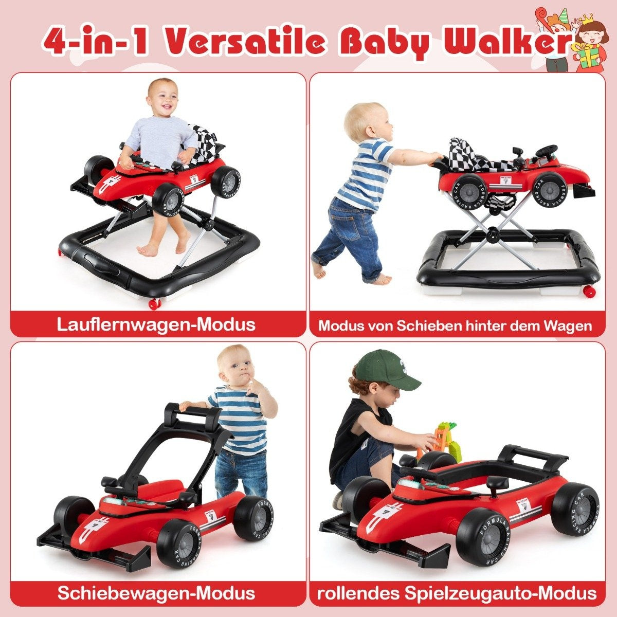 4-in-1 Adjustable Baby Walker – Red Car Design
