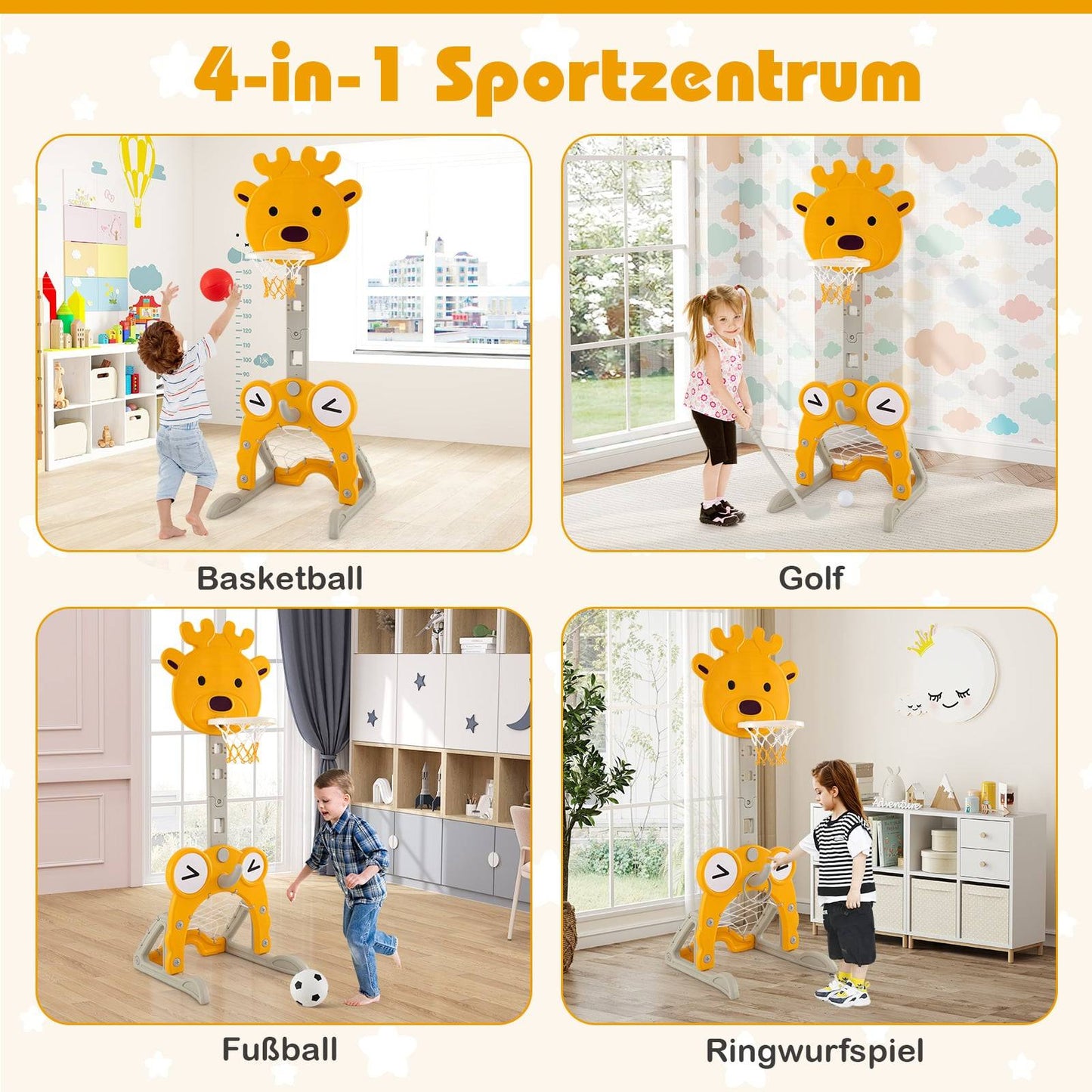 4-in-1 Adjustable Kids Activity Center with Basketball Hoop