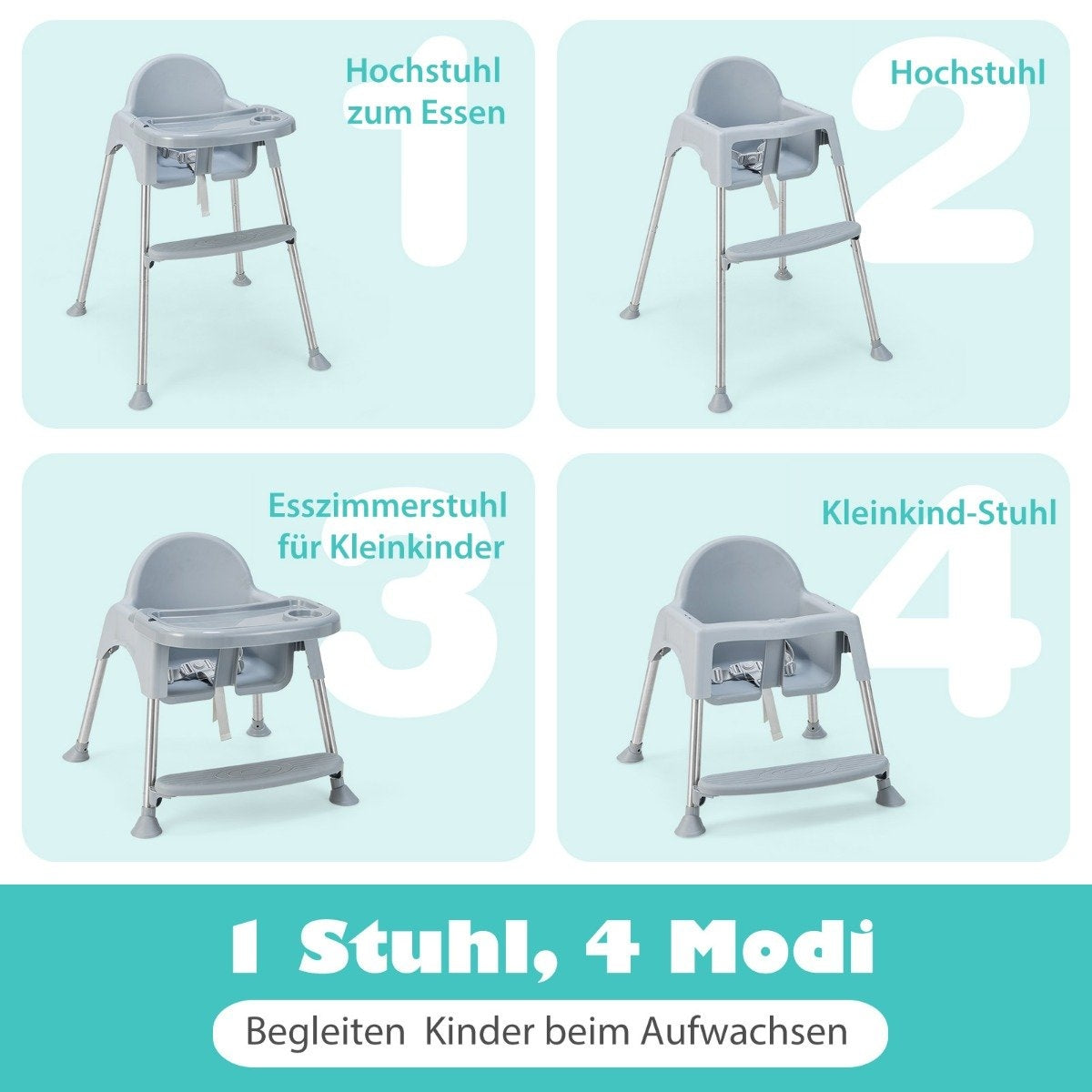 4 in 1 Baby High Chair Made of PP & Stainless Steel High Chair Convertible with Removable Double Tray Gray