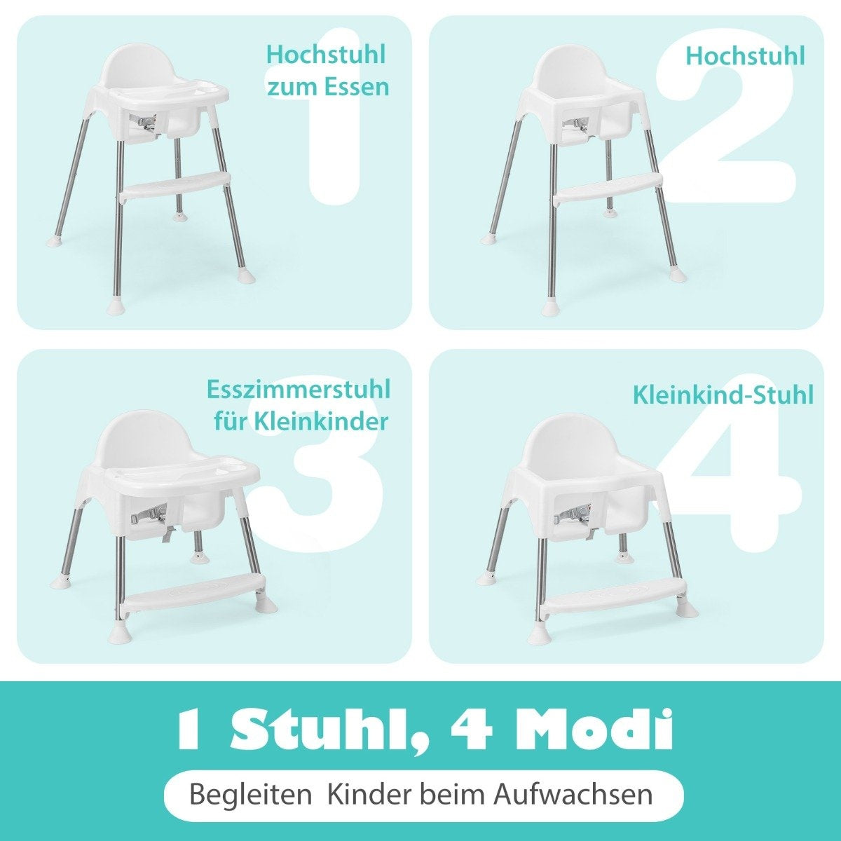 4 in 1 Baby High Chair Made of PP & Stainless Steel High Chair Convertible with Removable Double Tray White