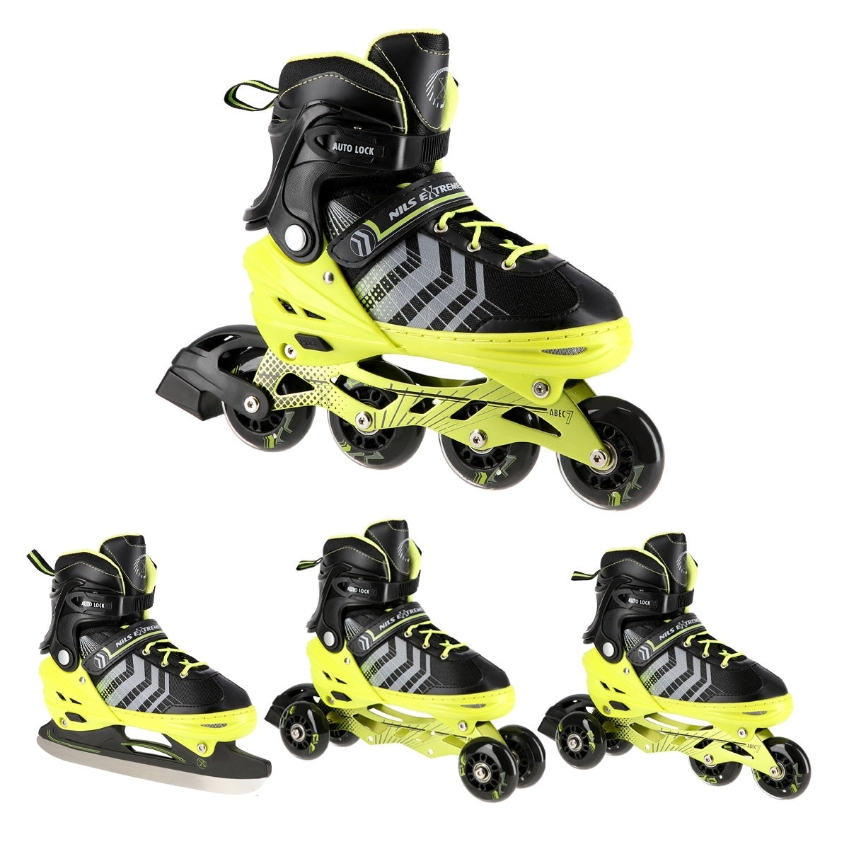 4-in-1 Black-Green Inline & Ice Skates, Size S (29-33)