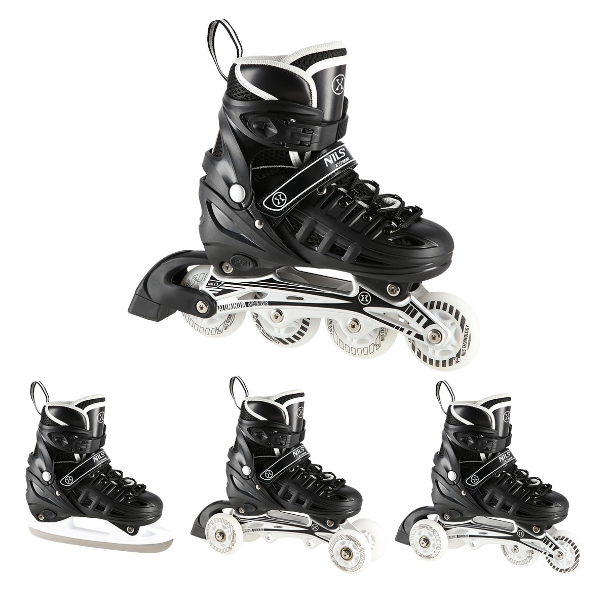 4-in-1 Black LED Inline/Ice Skates, Size M (35-38)