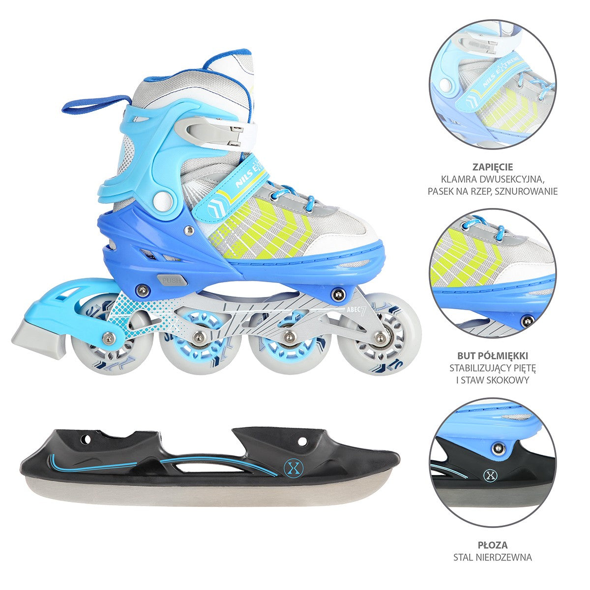 4-in-1 Blue Inline & Ice Skates, Size L (39-43)