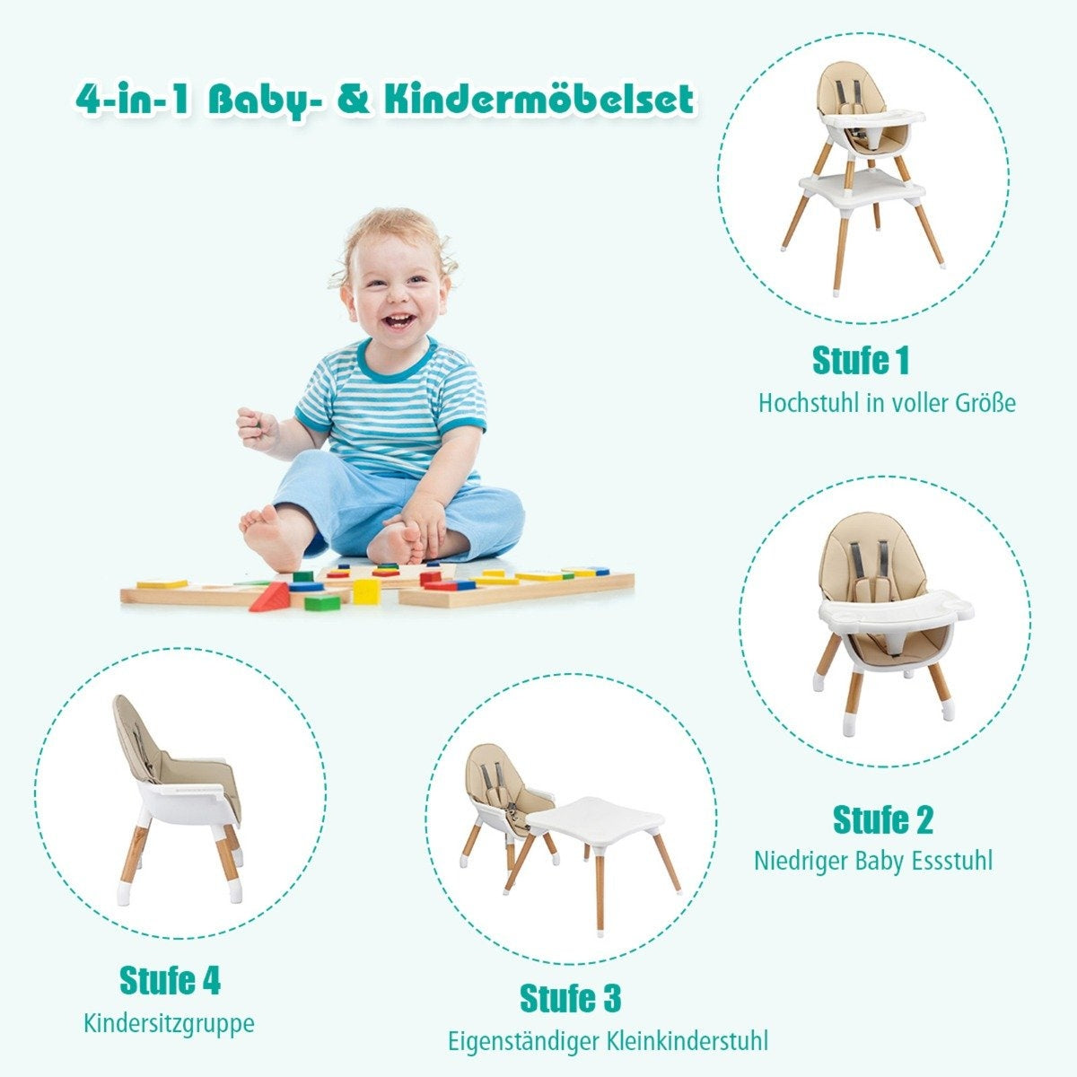 4-in-1 Convertible Baby High Chair with Safety Harness