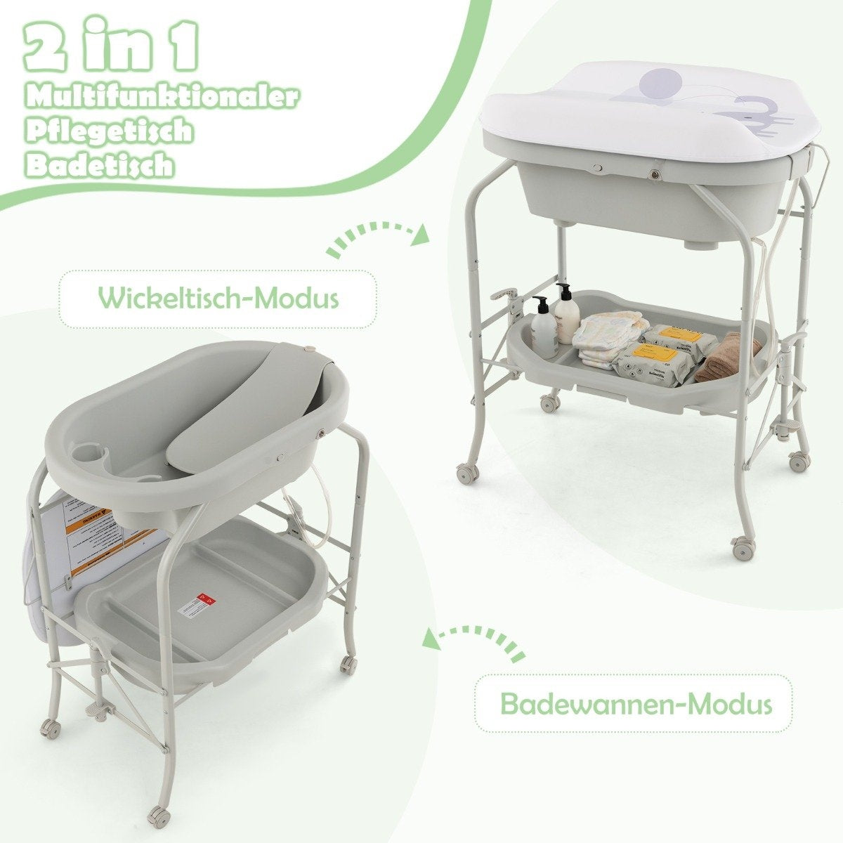 4 in 1 Folding Changing Table with Bathtub Portable Changing Table with Changing Mat Light Gray
