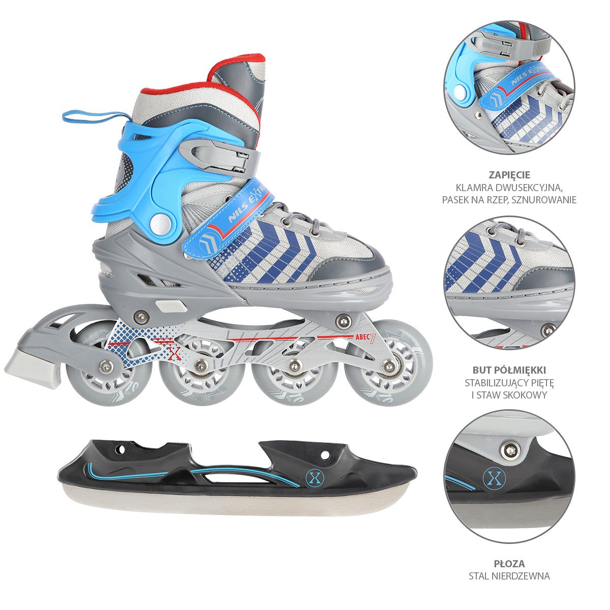4-in-1 Inline & Ice Skates, Grey/Blue, Size S (29-33)