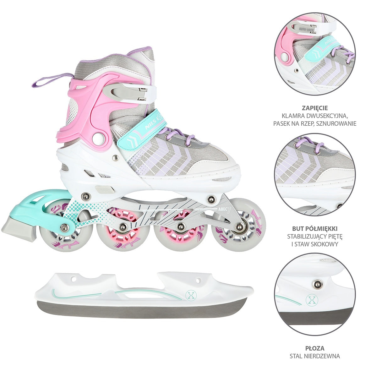 4-in-1 Inline & Ice Skates, Pink, Size S (29-33)
