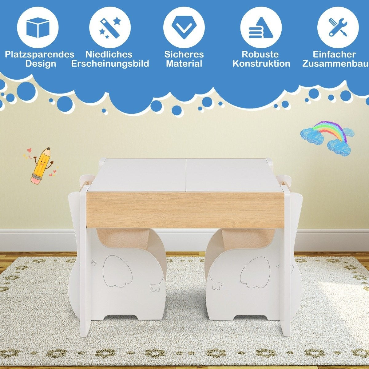 4-in-1 Kids Wooden Table Set with Storage, White