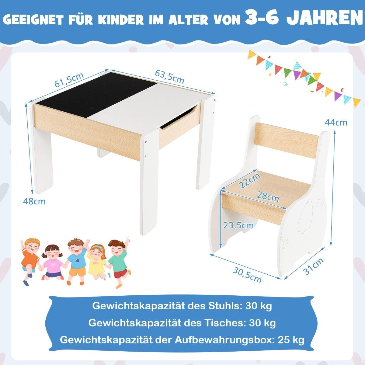 4-in-1 Kids Wooden Table Set with Storage, White