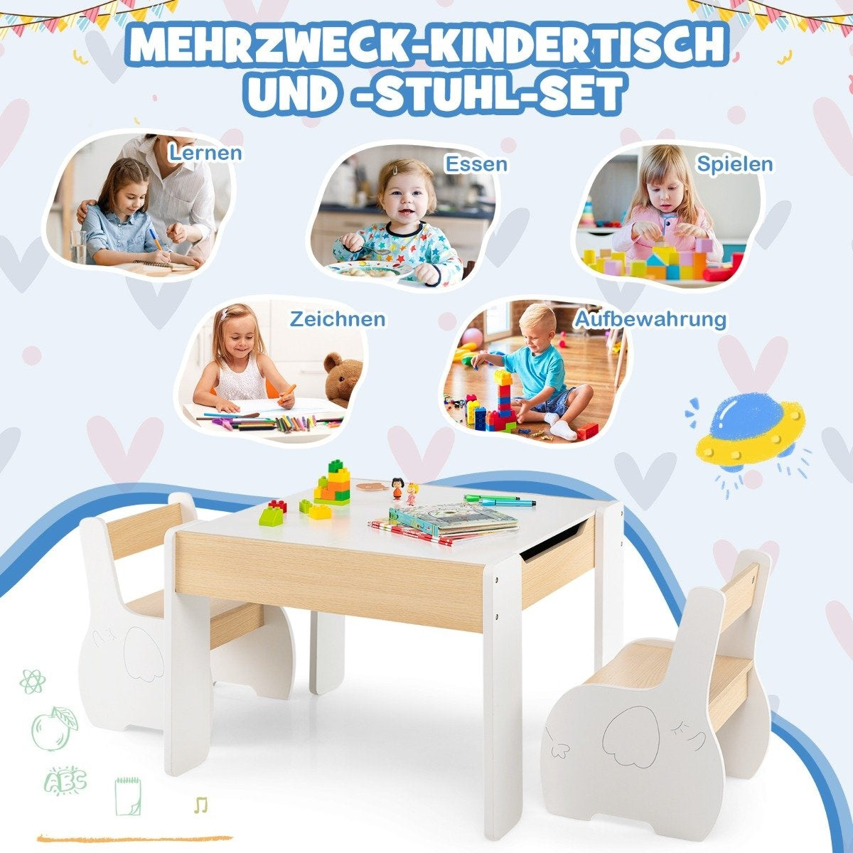 4-in-1 Kids Wooden Table Set with Storage, White