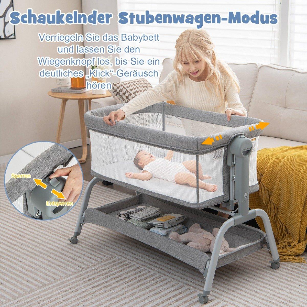 4 in 1 Mobile Baby Bed with Mosquito Net & Mattress & 6 Adjustable Heights Grey