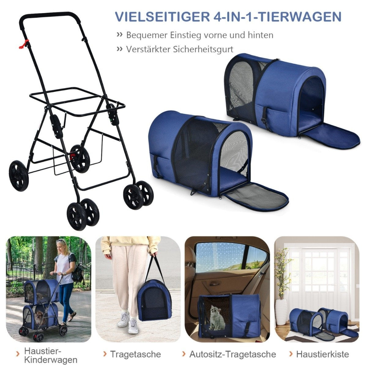 4 in 1 Multifunctional Stroller Double Layer Pet Stroller Blue