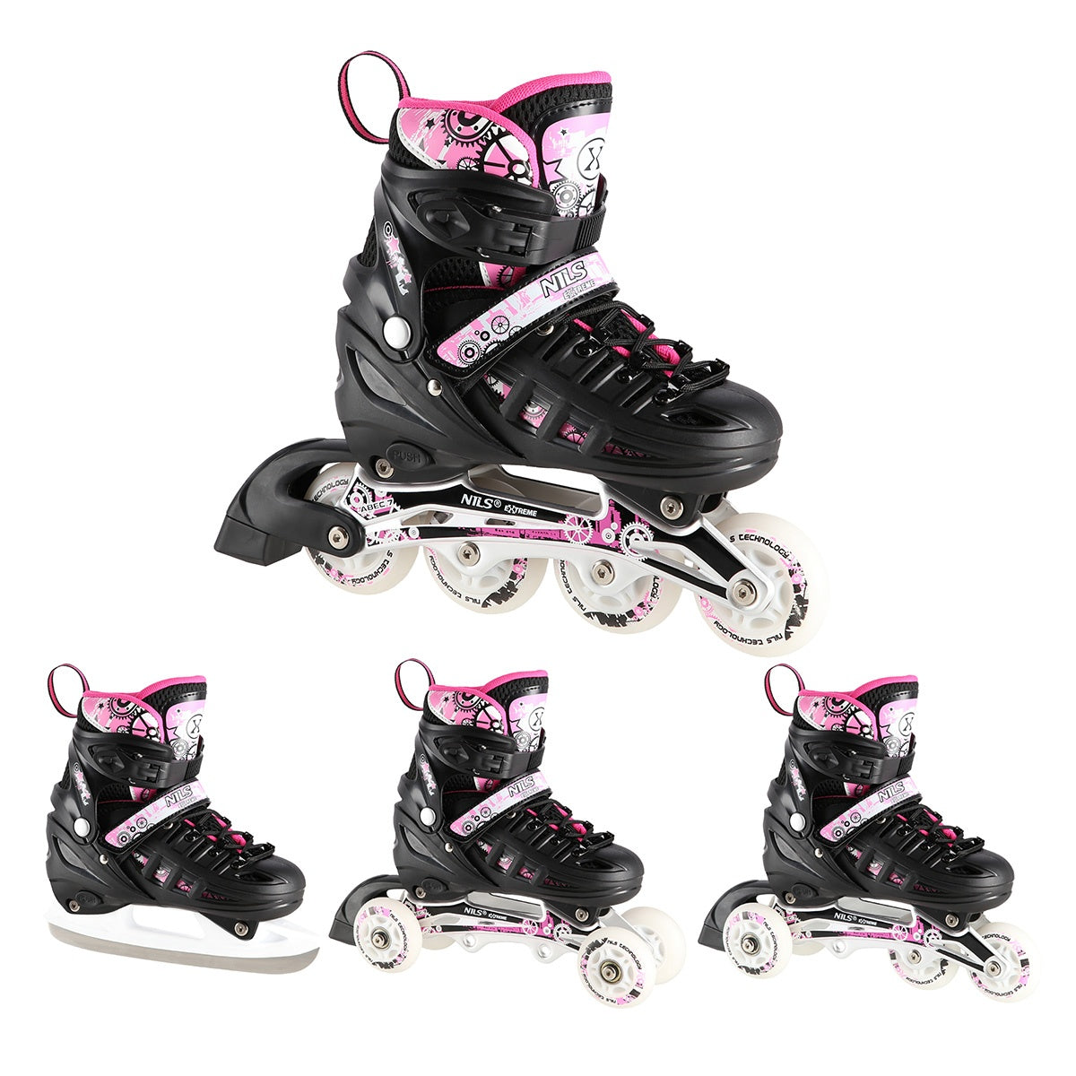 4-in-1 Pink LED Inline/Ice Skates, Size S (31-34)