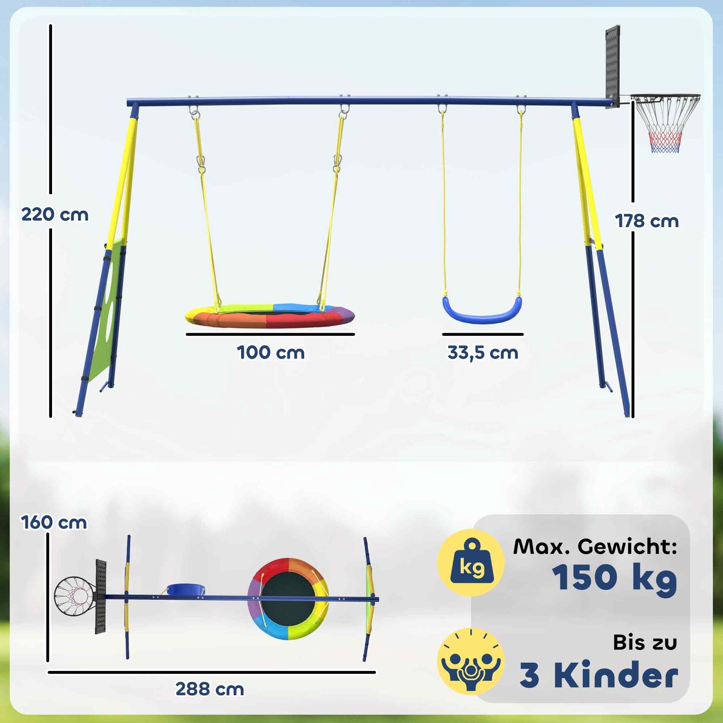 4-in-1 Swing Set with Nest Swing, Basketball & Soccer Goal