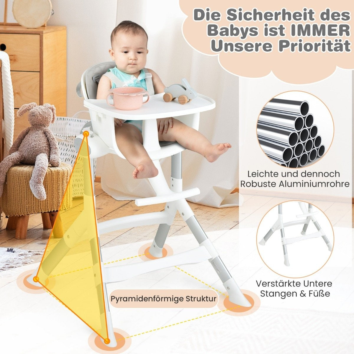 4 in 1 baby chair baby high chair convertible with 5-way adjustable height gray