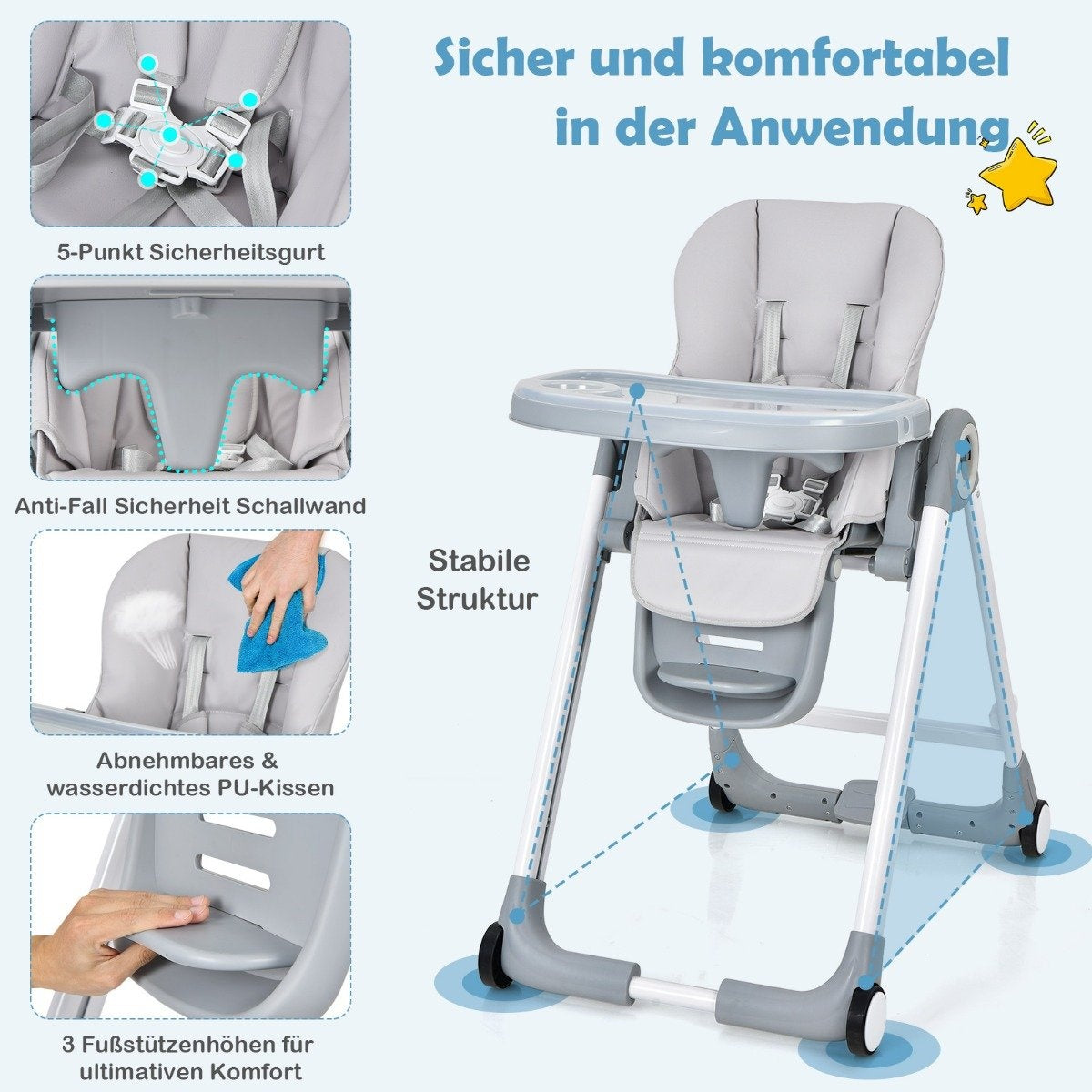 4 in 1 baby high chair foldable baby chair with reclining function 84 x 56 x 104 cm gray