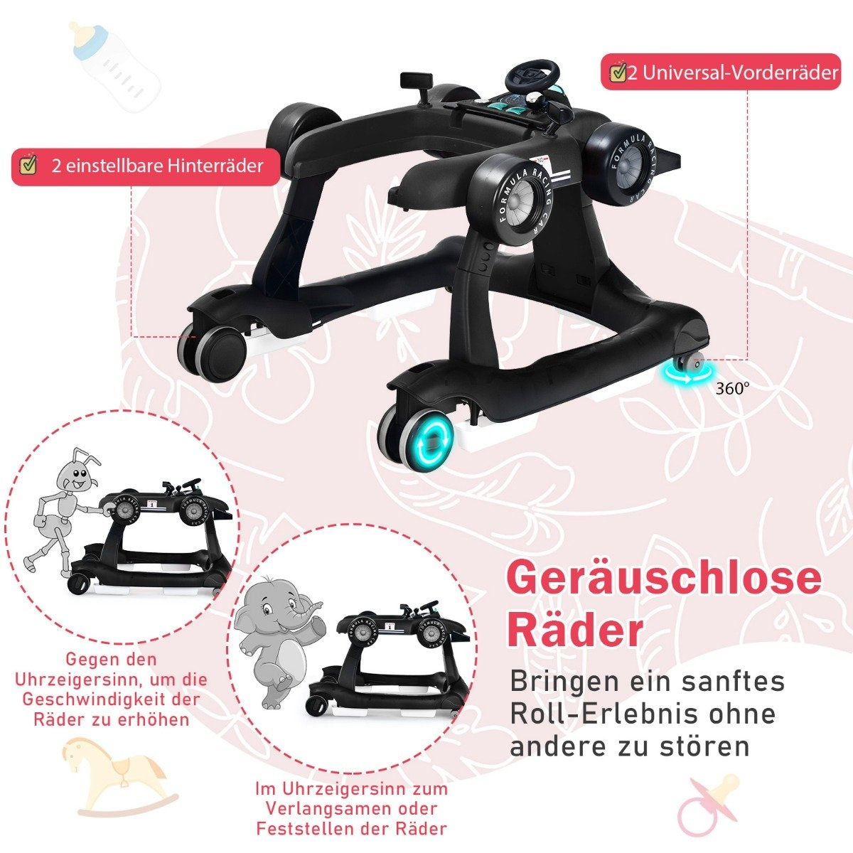 4 in 1 baby walker folding baby walker 73 x 61 x 51.5/53.5/55.5 cm black