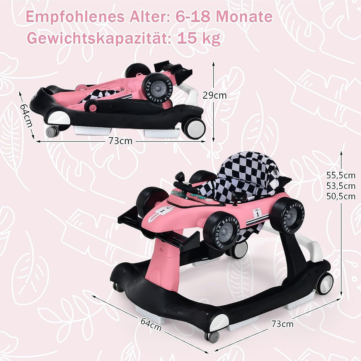4 in 1 baby walker folding baby walker 73 x 64 x 50.5/53.5/55.5 cm pink