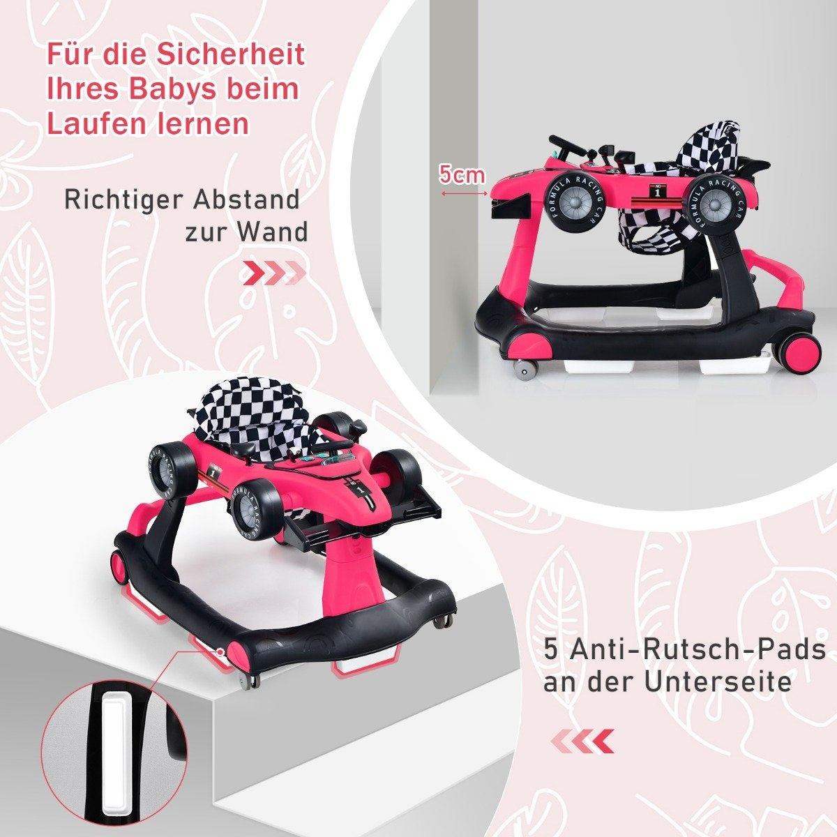 4 in 1 baby walker folding baby walker 73 x 64 x 50.5/53.5/55.5 cm pink