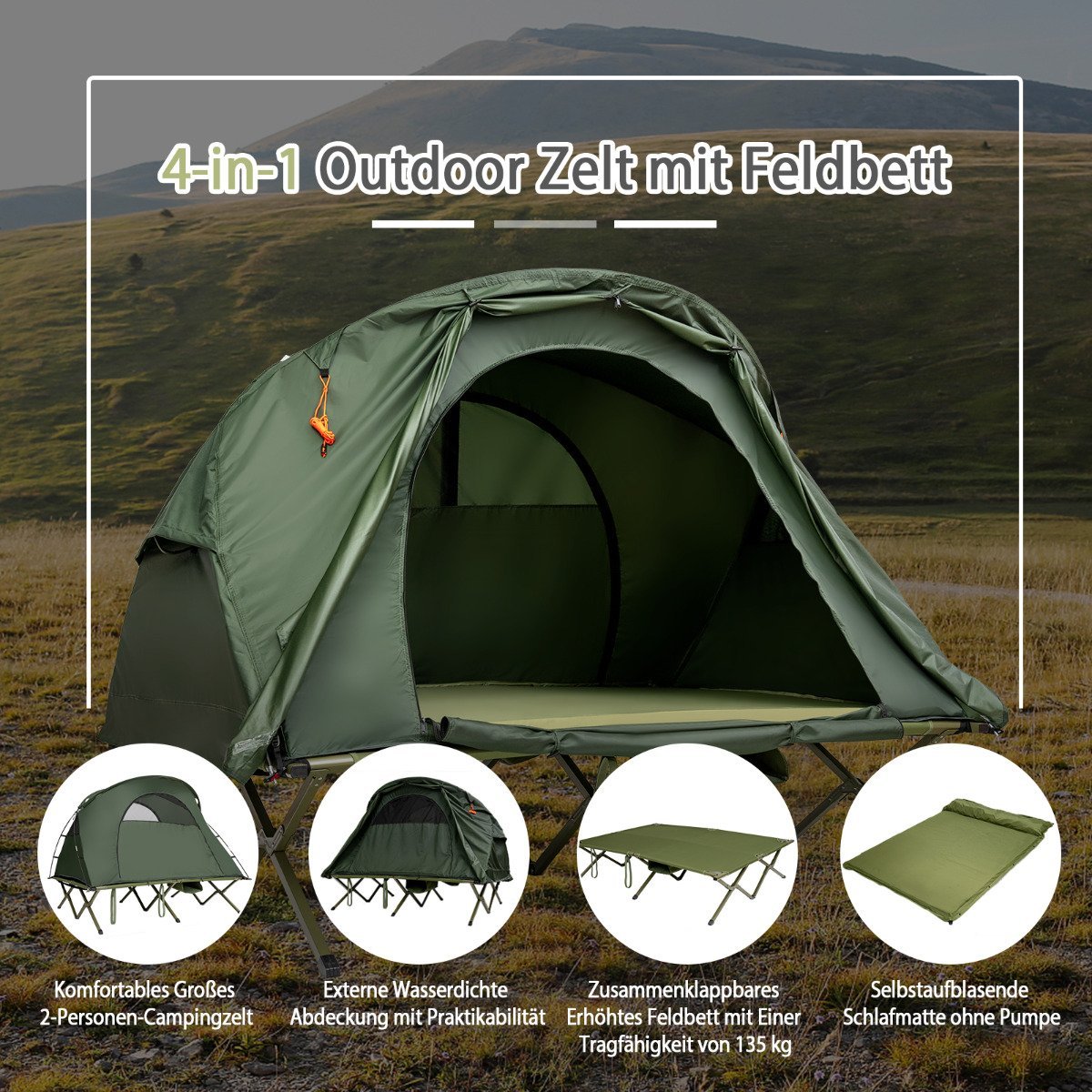 4 in 1 camping tent set for 2 people with cover and mattress 194 x 146 x 160 cm green