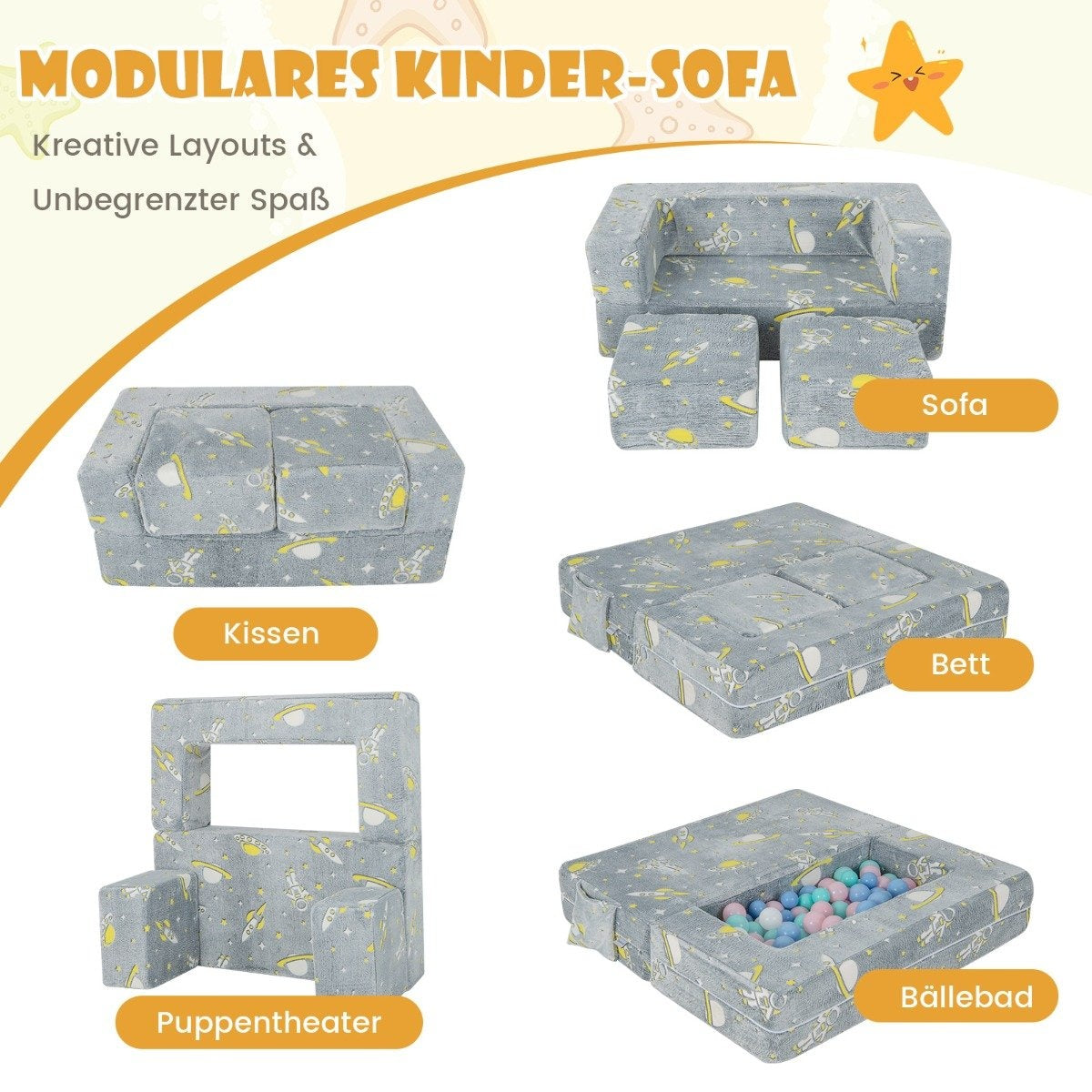 4 in 1 children's armchair with 2 ottomans & removable cover glows in the dark 107 x 52 x 41.5 cm