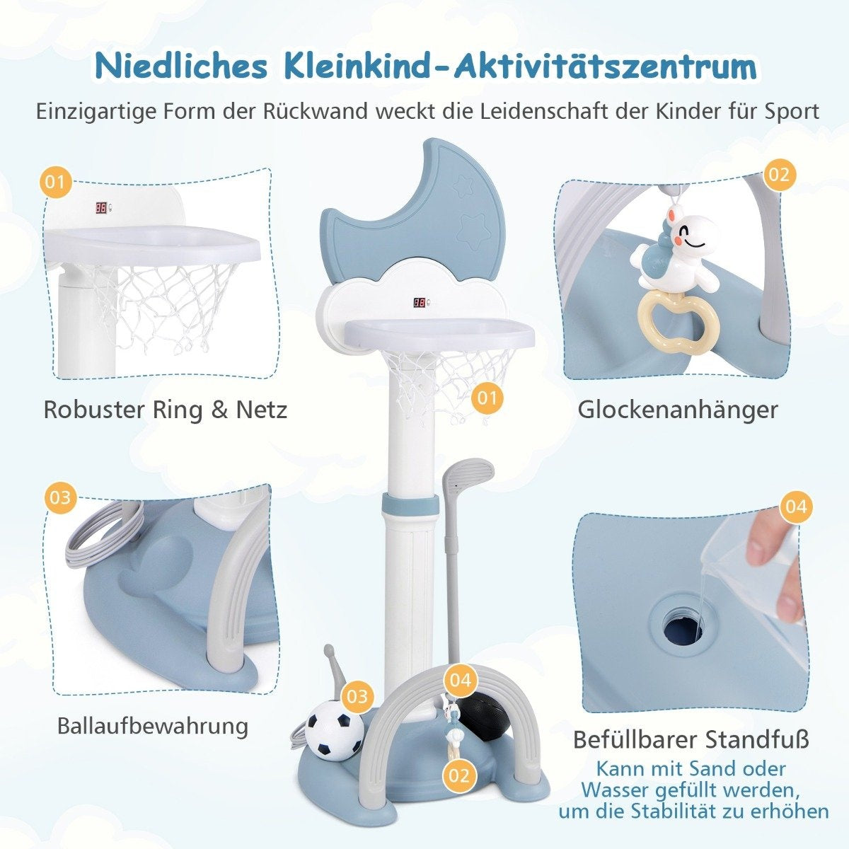 4 in 1 children's basketball hoop set with basketball &amp; Football &amp; Ring toss basketball stand blue