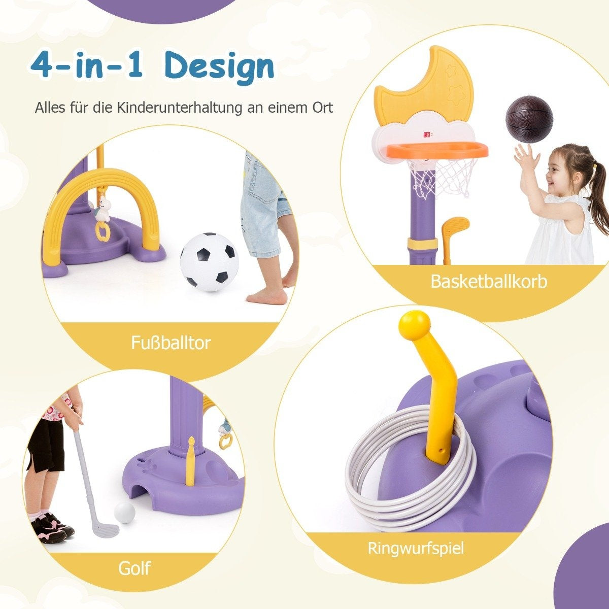 4 in 1 children's basketball hoop set with basketball &amp; Football &amp; Ring toss basketball stand yellow