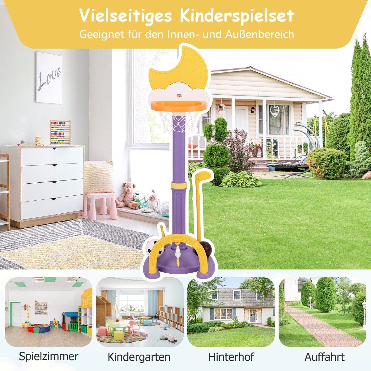 4 in 1 children's basketball hoop set with basketball &amp; Football &amp; Ring toss basketball stand yellow