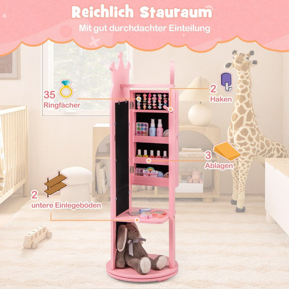 4 in 1 children's jewelry cabinet mirror cabinet 360° rotatable with full-length mirror pink