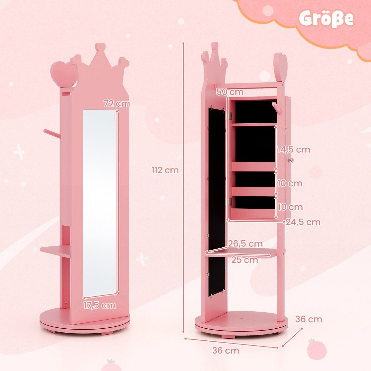 4 in 1 children's jewelry cabinet mirror cabinet 360° rotatable with full-length mirror pink