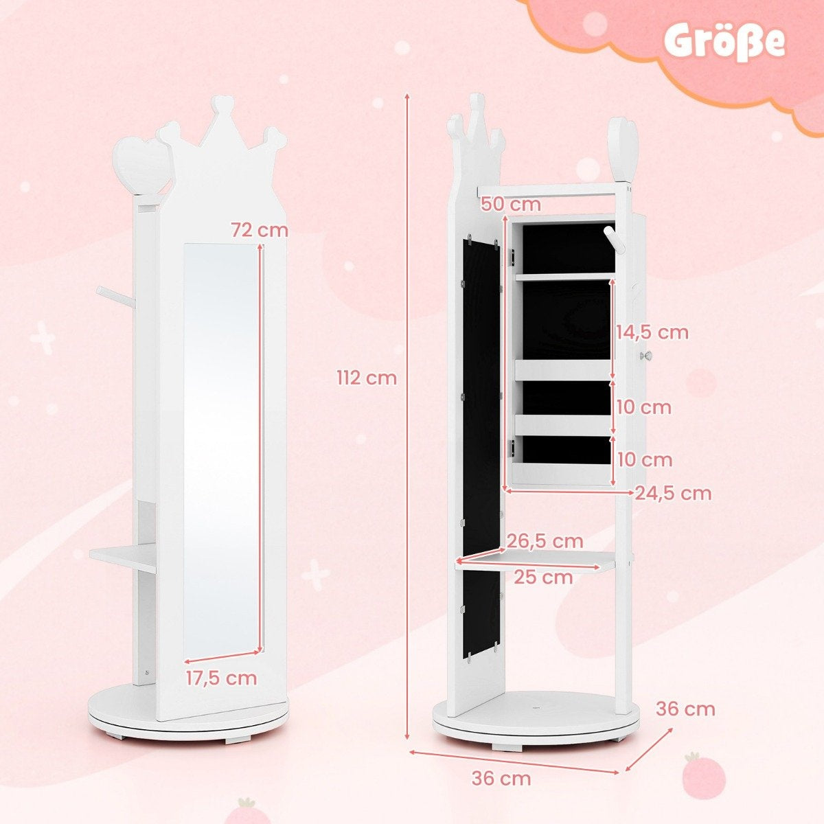 4 in 1 children's jewelry cabinet mirror cabinet 360° rotatable with full-length mirror white
