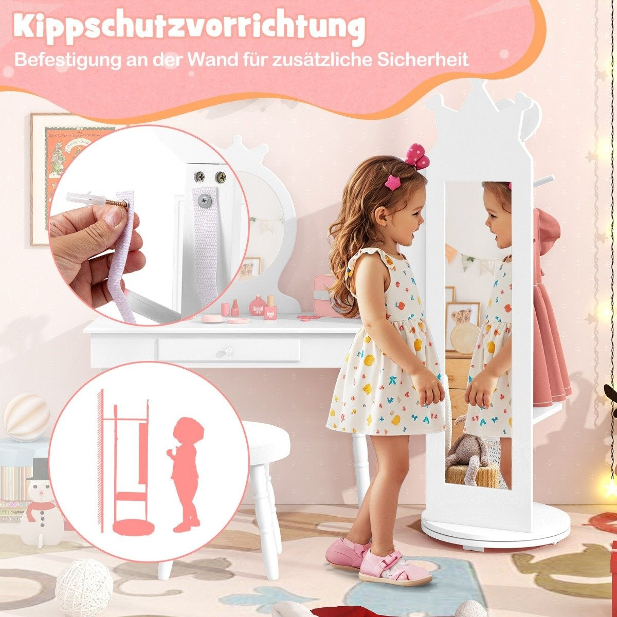 4 in 1 children's jewelry cabinet mirror cabinet 360° rotatable with full-length mirror white
