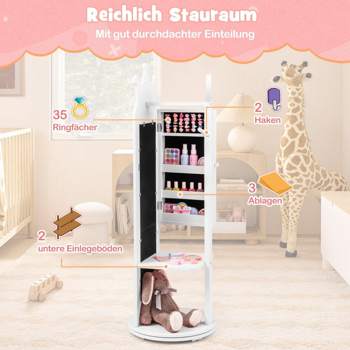 4 in 1 children's jewelry cabinet mirror cabinet 360° rotatable with full-length mirror white