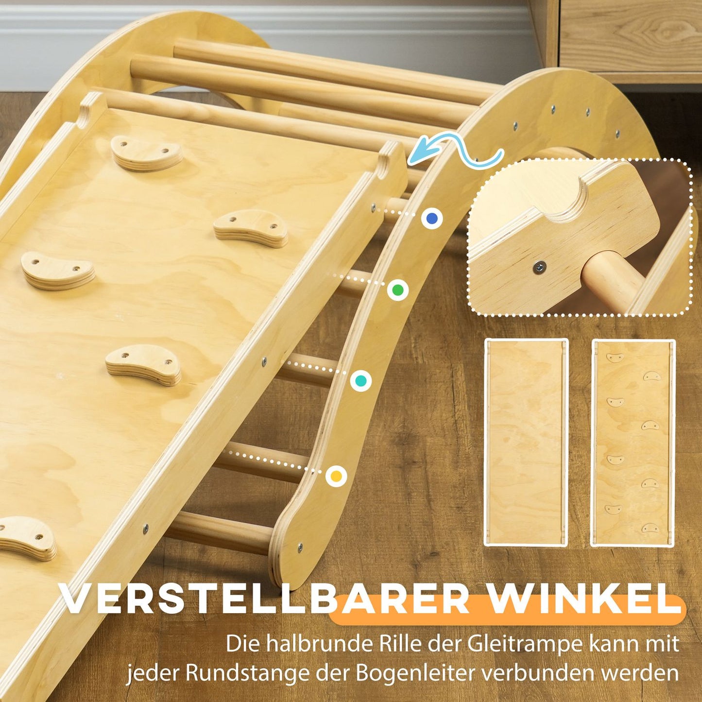 Indoor wooden climbing frame with slide, ages 1.5–4