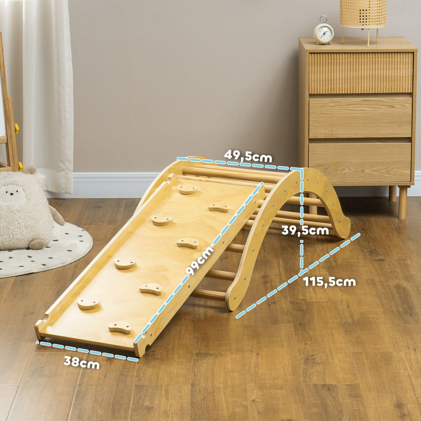Indoor wooden climbing frame with slide, ages 1.5–4