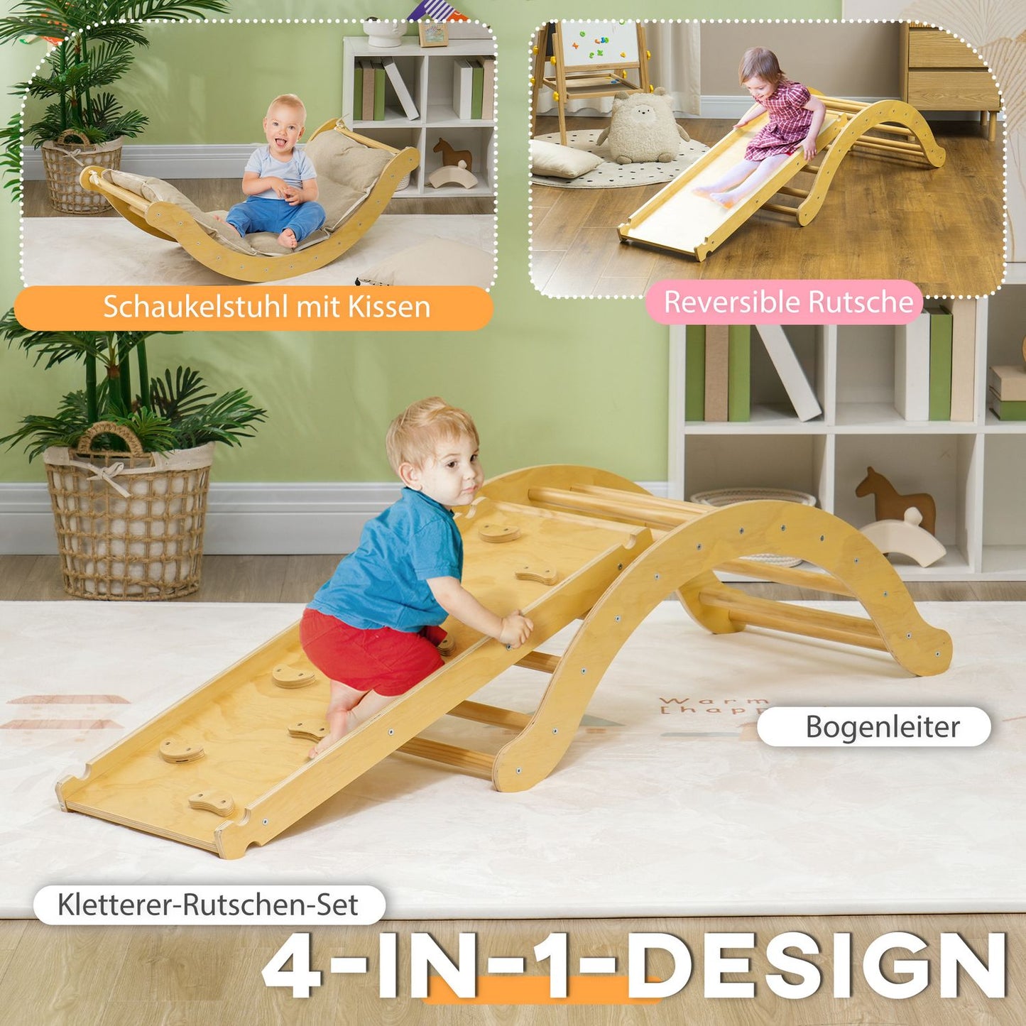 Indoor wooden climbing frame with slide, ages 1.5–4