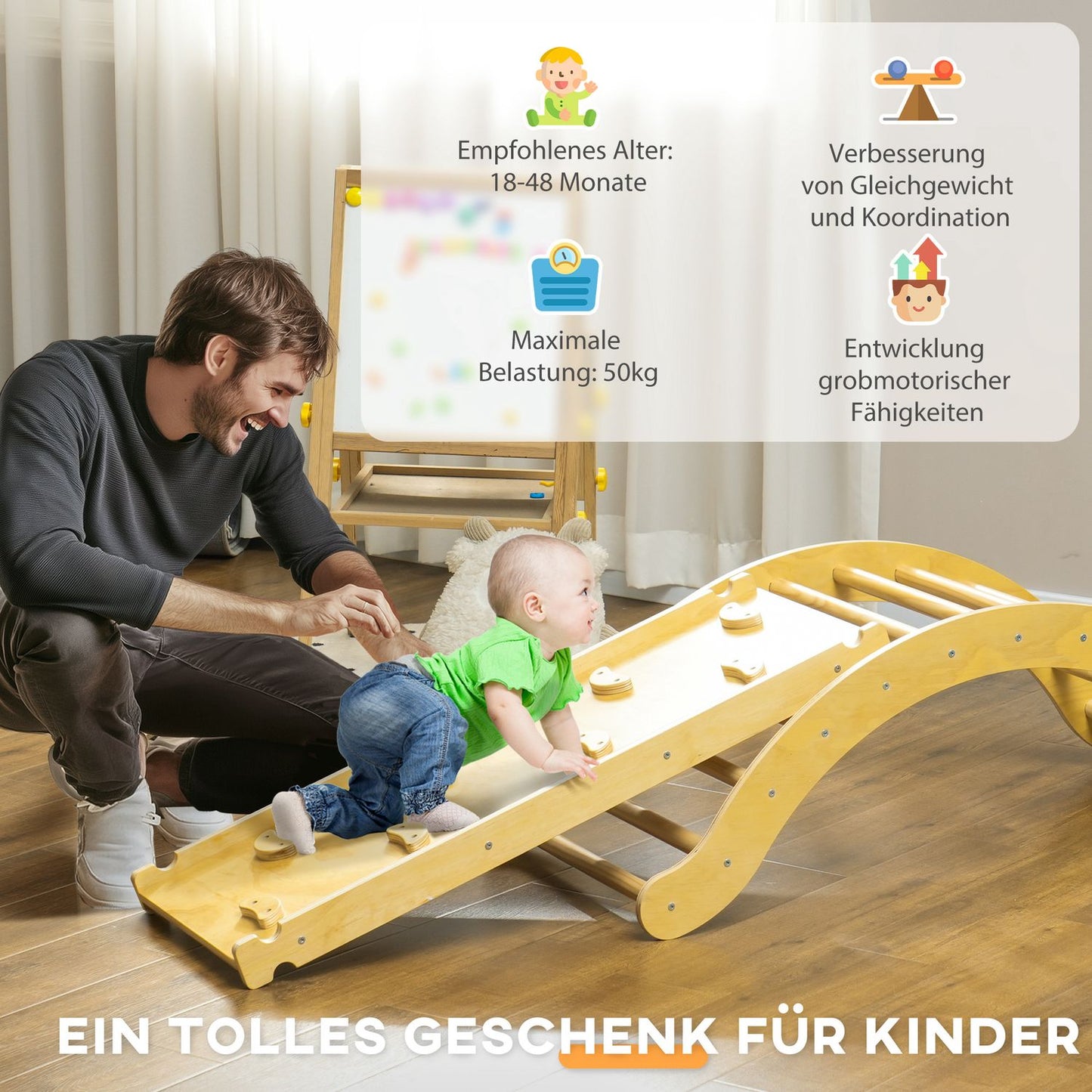 Indoor wooden climbing frame with slide, ages 1.5–4