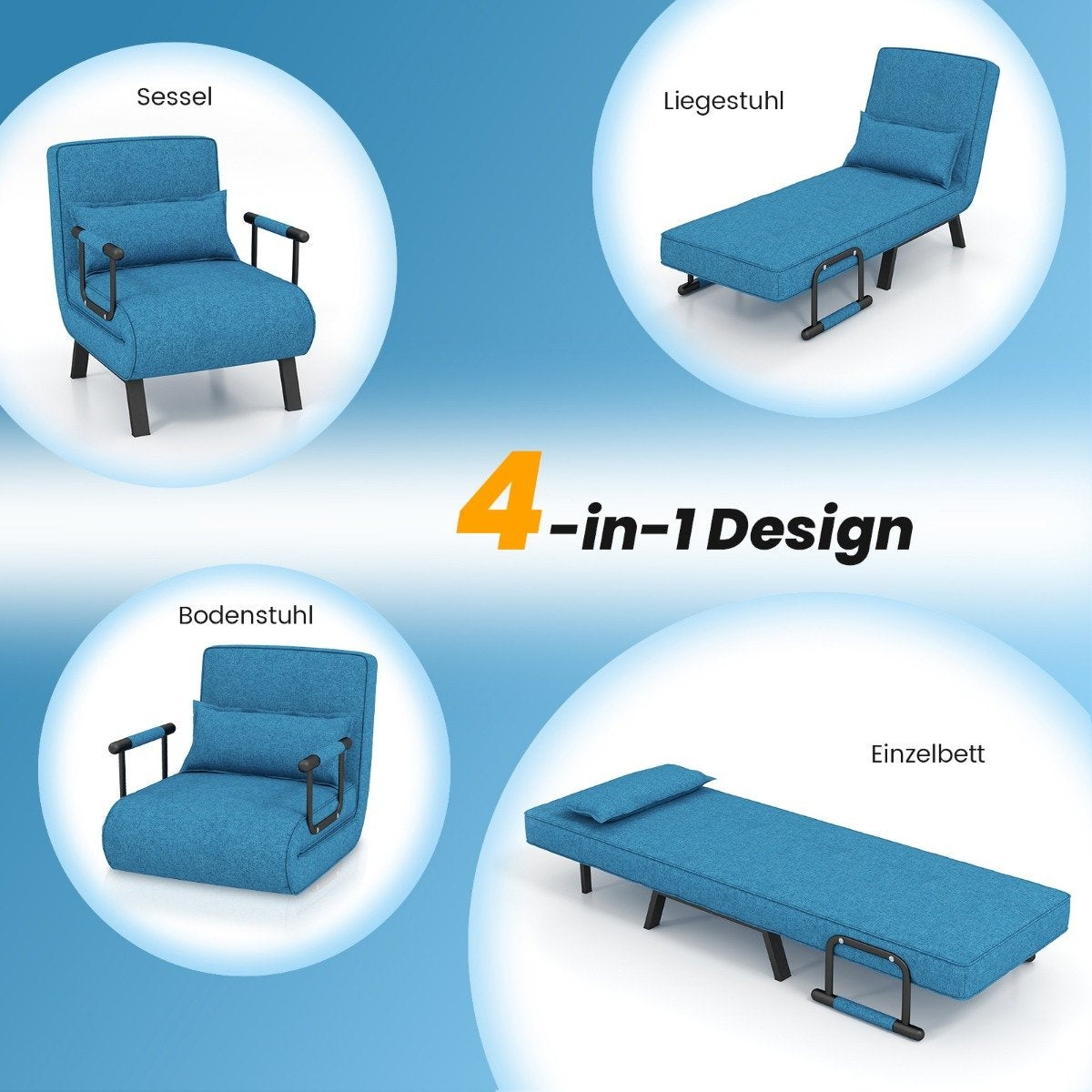4 in 1 folding sofa bed with 5 level adjustable backrest blue