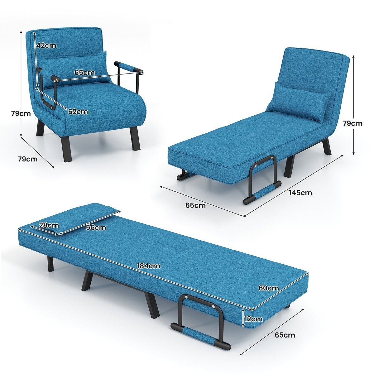 4 in 1 folding sofa bed with 5 level adjustable backrest blue