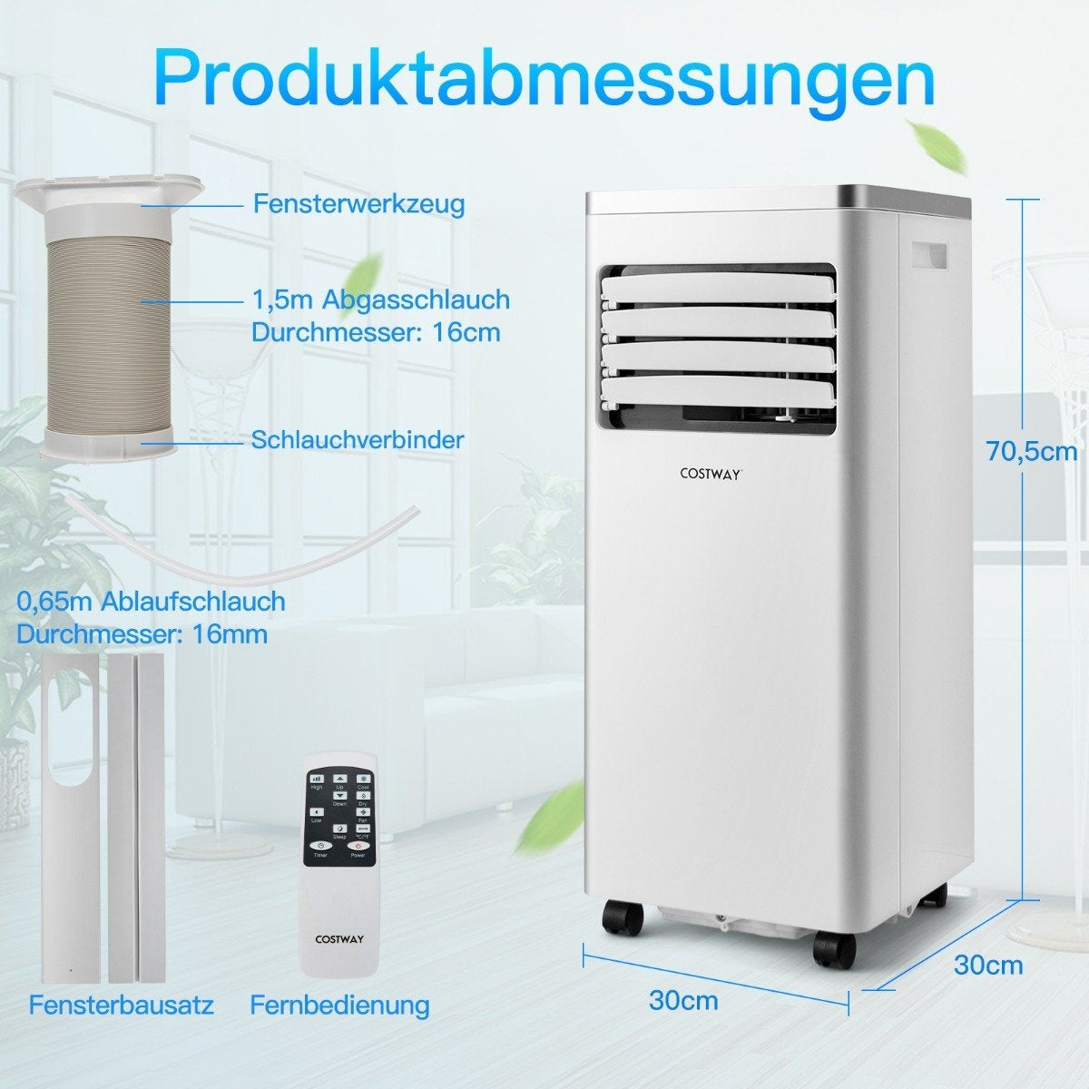 4 in 1 mobile air conditioning cooling & ventilating & dehumidifying air conditioning unit with exhaust hose 7000BTU white