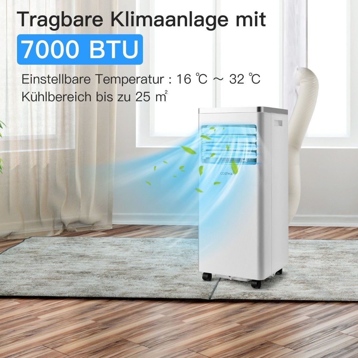 4 in 1 mobile air conditioning cooling & ventilating & dehumidifying air conditioning unit with exhaust hose 7000BTU white